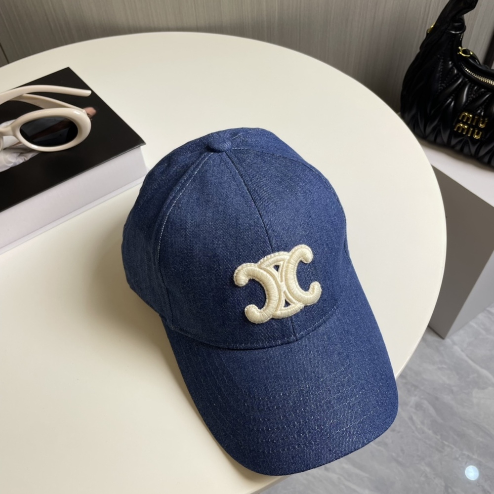 🔵Celine Denim Blue Baseball Cap, White Triomphe Embroidery Adjustable Hat